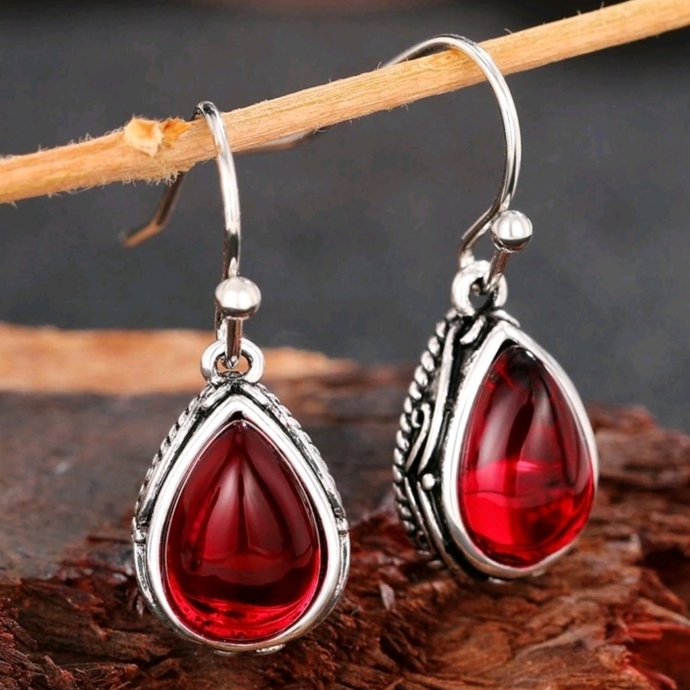 Elegant Silver and Red Teardrop Earrings
